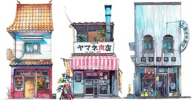 illustrations de boutiques de Tokyo à l'aquarelle par Mateusz Urbanowicz
