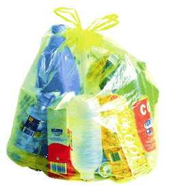 Sac jaune translucide avec des emballages recylables