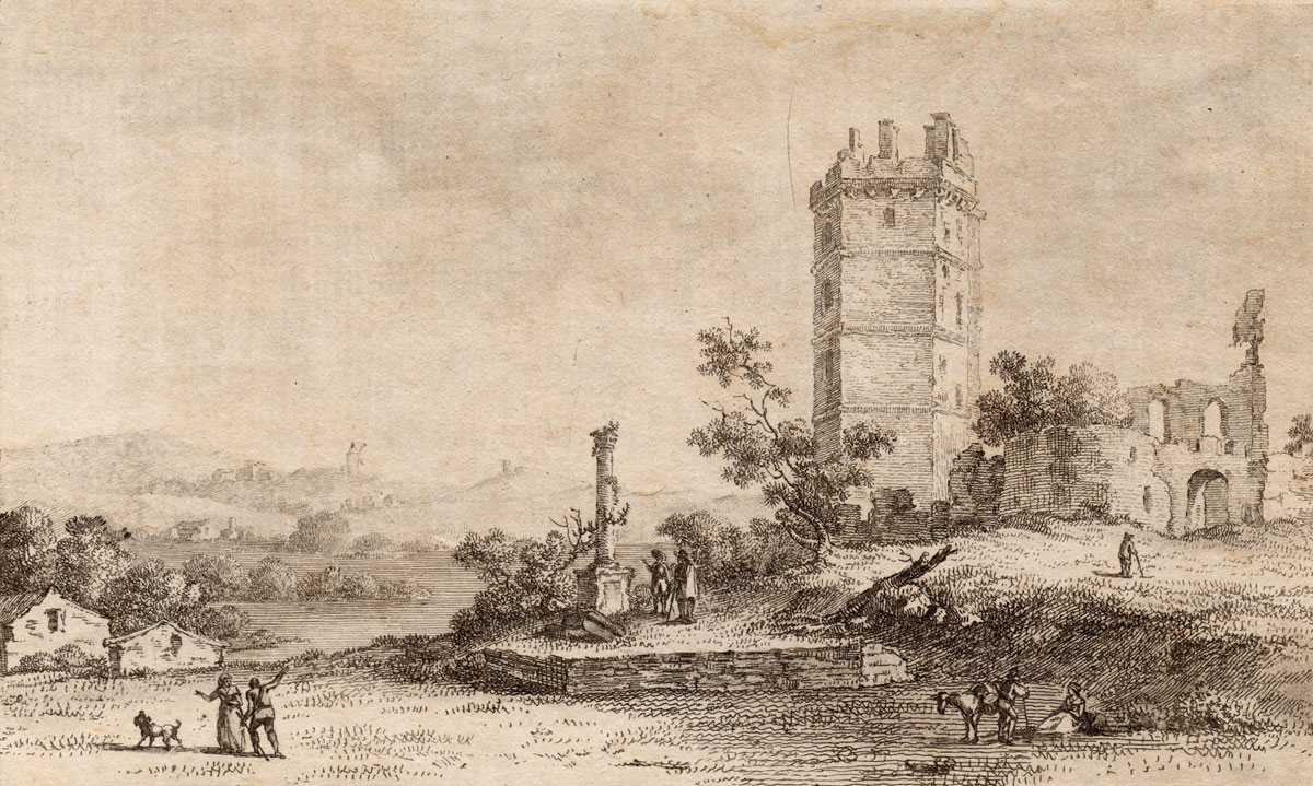 Gravure du château d'Oudon avec sa tour surplombant la Loire