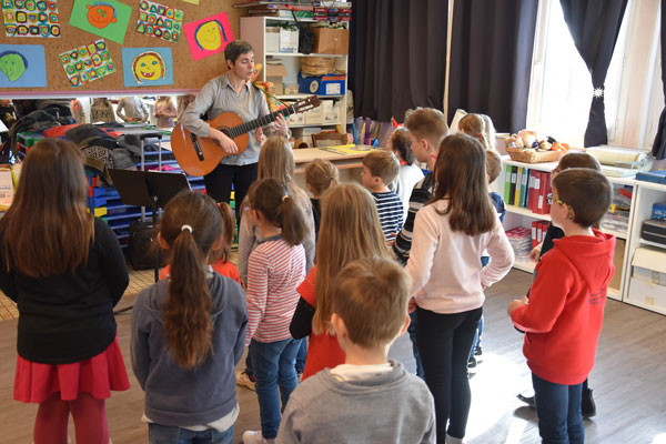 Un professeur de musique joue devant les élèves